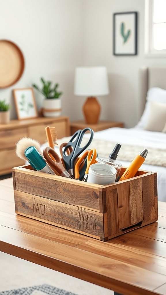 A wooden storage caddy filled with crafting tools like scissors, brushes, and pens on a table.