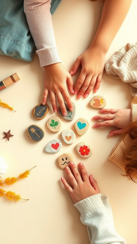 Hands reaching out to a collection of painted story stones arranged on a table.