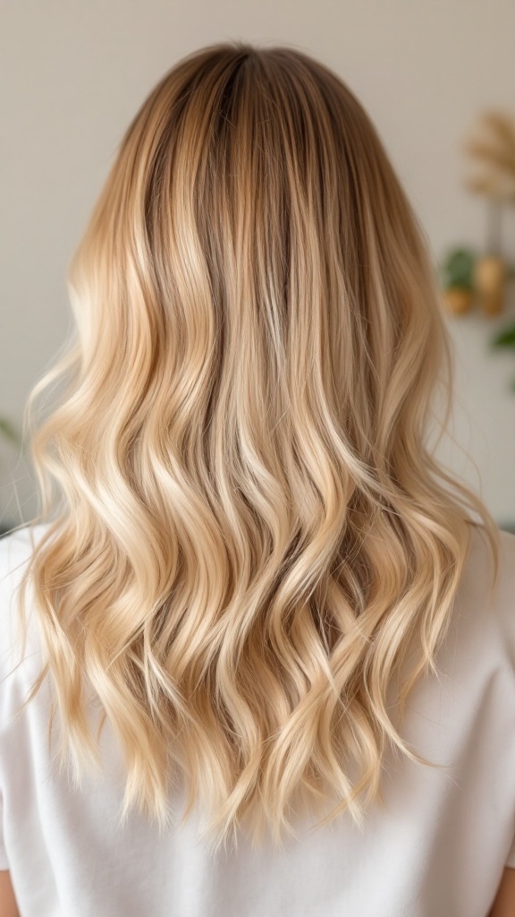 Back view of wavy hair showcasing strawberry blonde balayage
