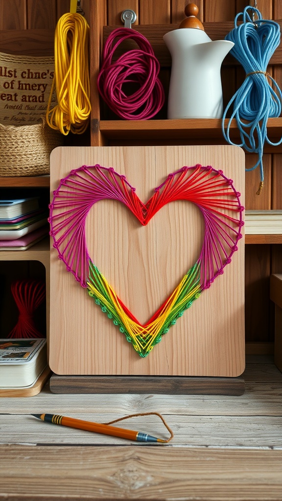 Colorful string art heart design on a wooden board with crafting materials in the background.