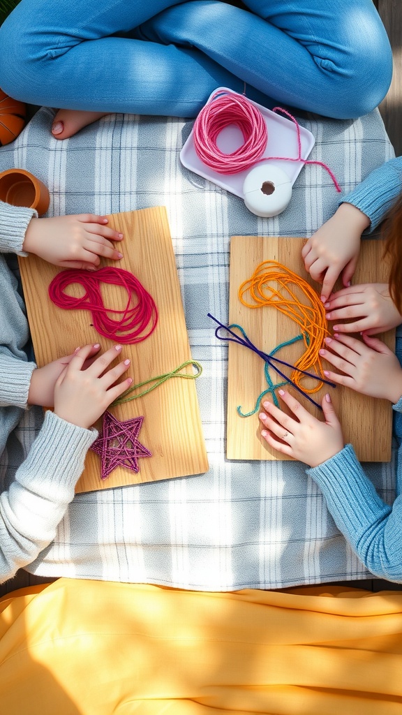 Children making colorful string art on wooden boards during a picnic