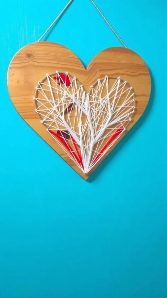 Heart-shaped wooden string art against a blue wall