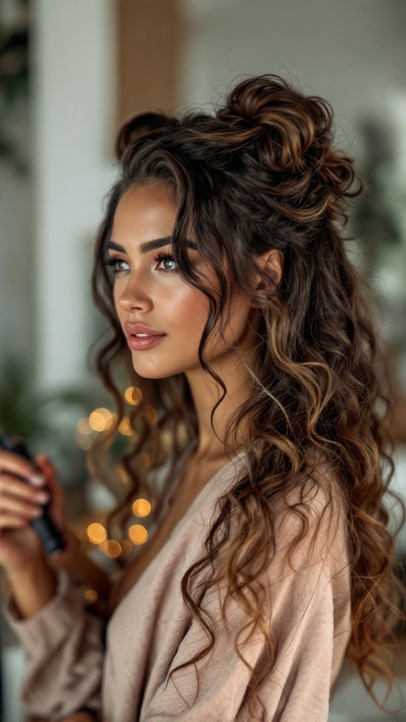 A model with butterfly cut hair styled in defined curls.
