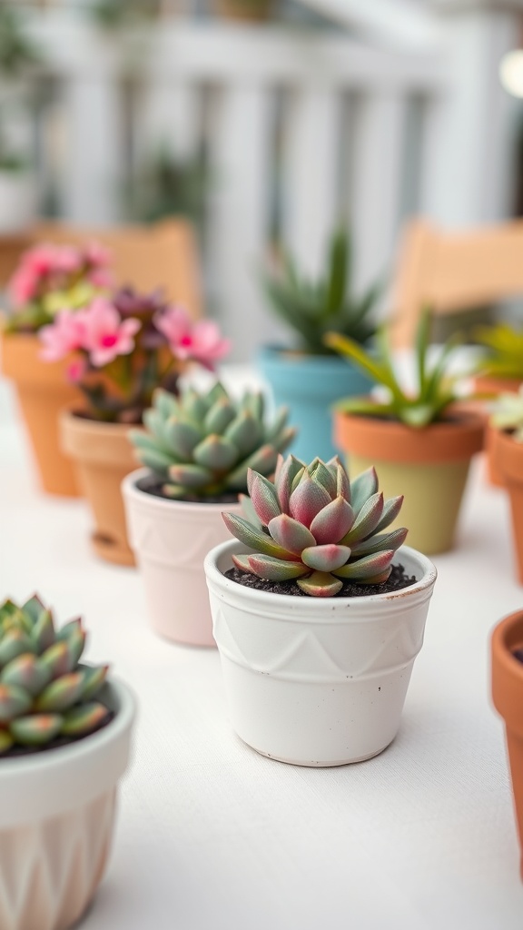 Succulent arrangements in various pots for a garden party decoration