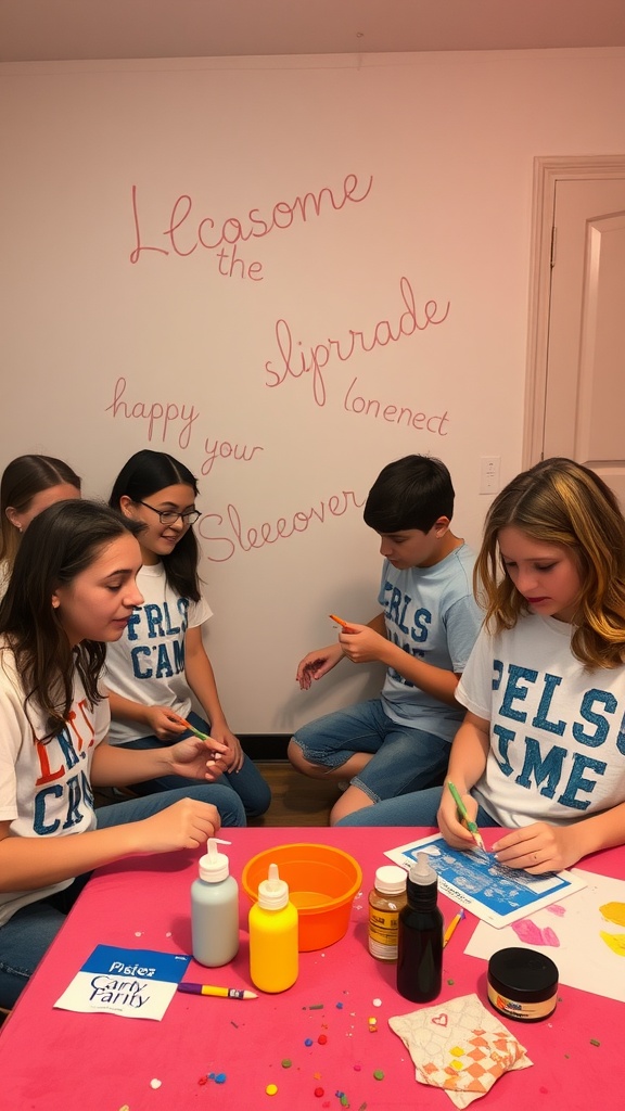A group of children decorating DIY t-shirts with fabric paints and other supplies during a sleepover.