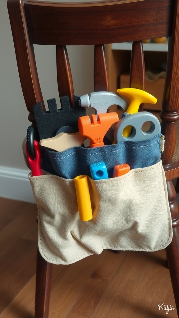 A DIY tool belt with toy tools displayed on a chair.