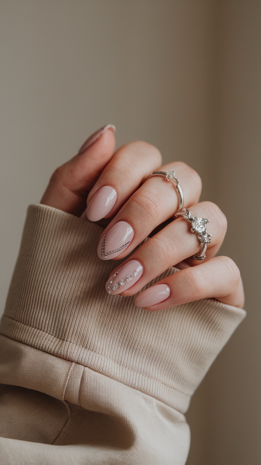 A close-up of a hand with slim, stylish nails, showcasing elegant nail art and rings.