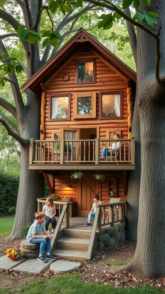 A wooden treehouse with children playing around it, showcasing a fun backyard adventure.