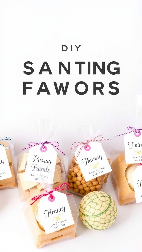 DIY party favors for a twin baby shower with playful labels and treats