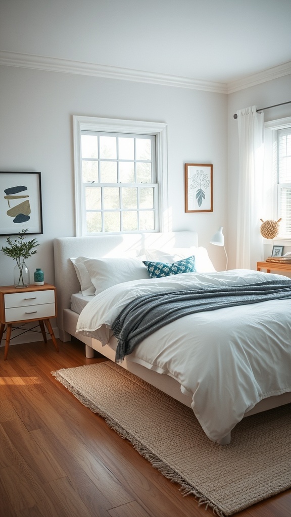 A cozy bedroom with a neatly made bed and a clean, inviting atmosphere, showcasing potential for under-bed storage.