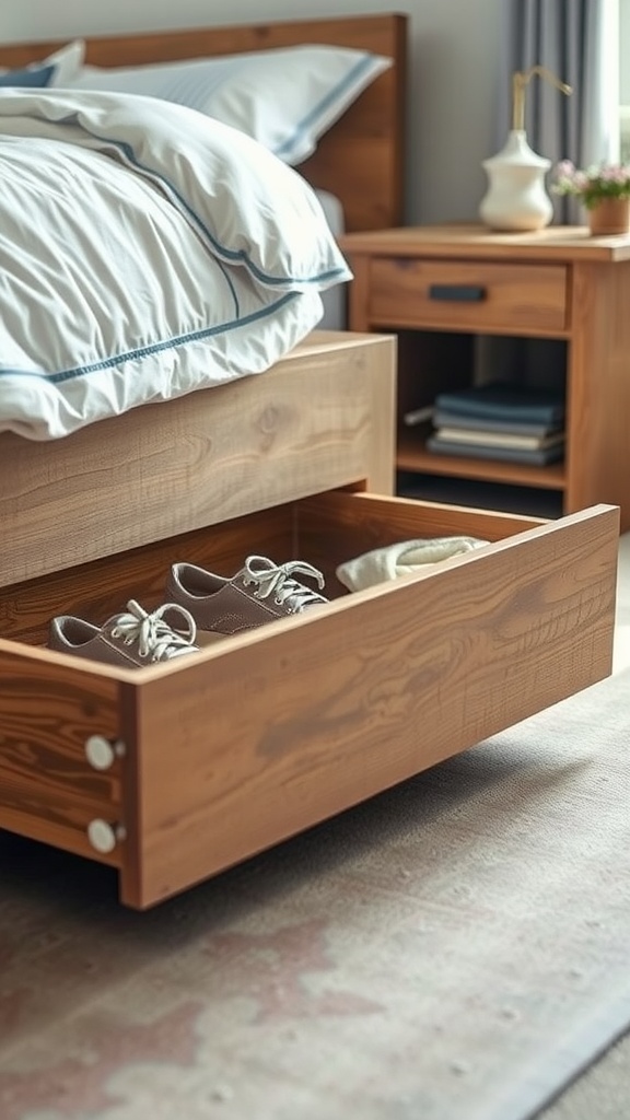 A wooden under bed drawer showing shoes and a blanket, complementing a cozy bedroom setup.