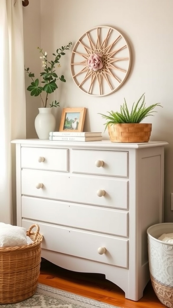 A nursery dresser with decorative items and plants atop it.
