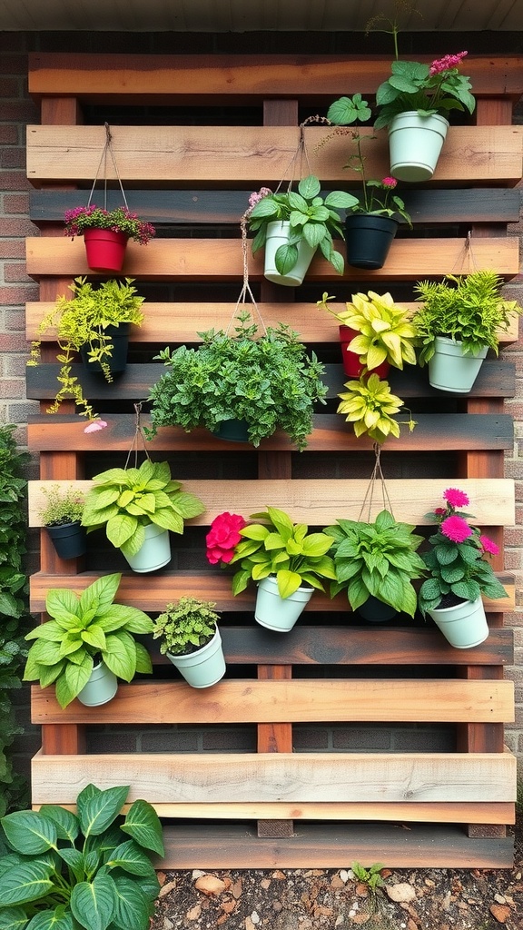 A DIY vertical garden with various plants in pots arranged on a wooden pallet