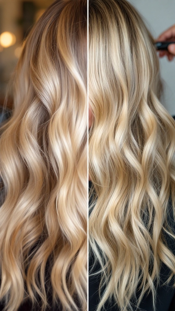 Image comparing professionally done blonde highlights on dirty blonde hair and a person applying highlights.