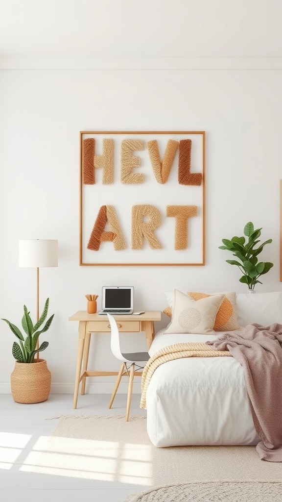 A cozy room with DIY wall art spelling 'HEVL ART' in textured letters, featuring a plant, desk, and soft bedding.