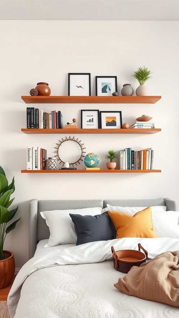 Stylish wall shelves with books, plants, and decorative items above a bed