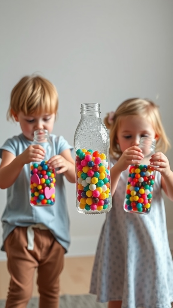 Two toddlers holding colorful water bottles filled with pom-poms