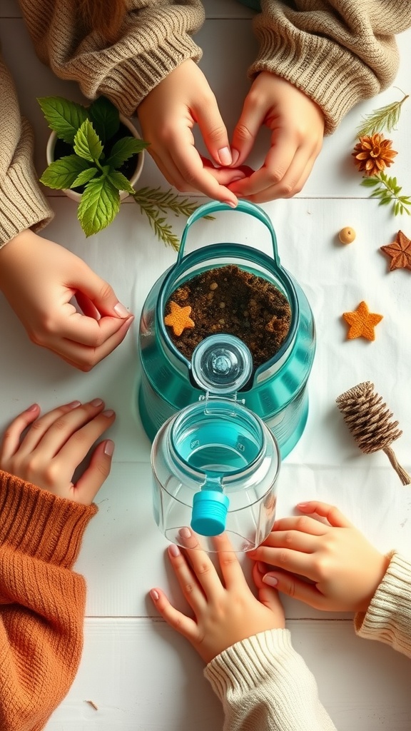 Hands assembling a DIY watering can from a plastic bottle, surrounded by plants and natural decorations.