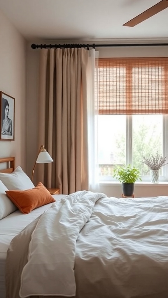 Cozy bedroom with bamboo blinds and soft curtains