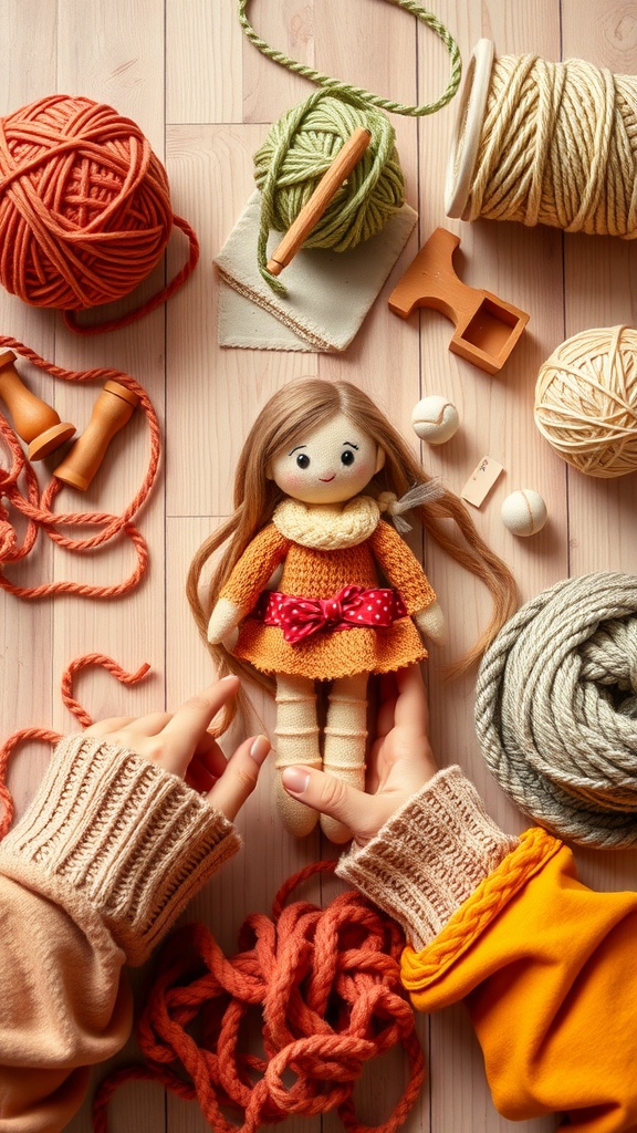 A colorful workspace with yarn and a handmade yarn doll being held by a child's hands.