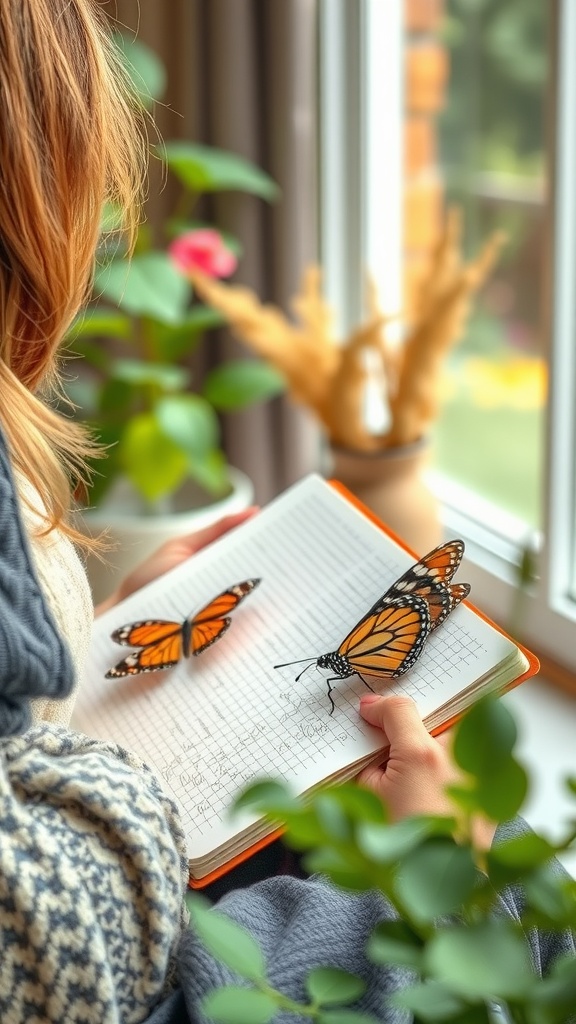 A person observing butterflies while taking notes in a notebook, surrounded by plants.