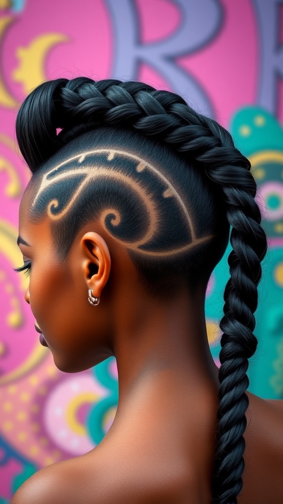 A woman showing off a stylish double braid mohawk hairstyle with intricate designs shaved into the sides.