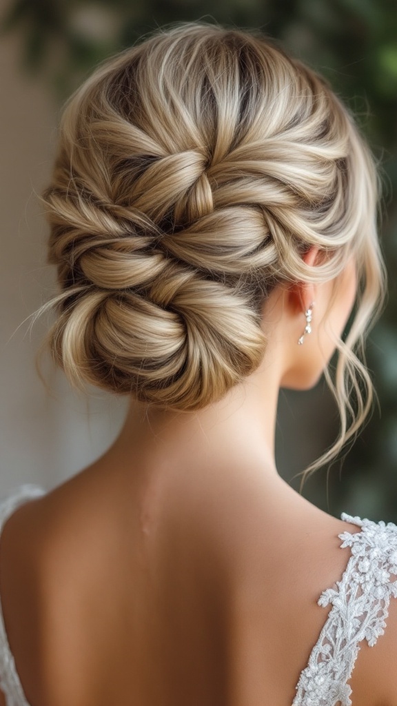 A back view of a double braided bun hairstyle for bridesmaids with medium-length hair.