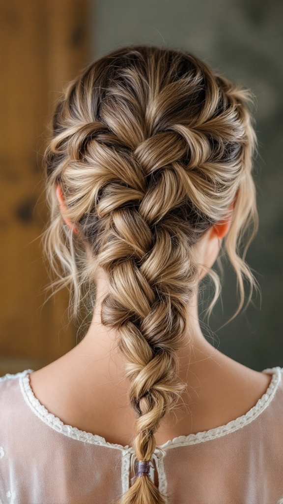 A woman with shoulder-length hair styled in a double braided ponytail, featuring soft waves and a neat braid pattern.