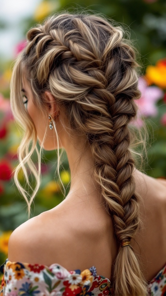 A woman with a double braided ponytail, showcasing a boho style, set against a colorful floral background.