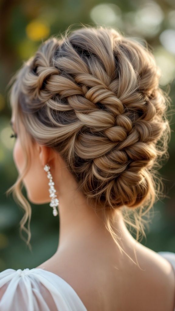 A close-up view of a double braided updo hairstyle, showcasing intricate braids and elegant earrings.