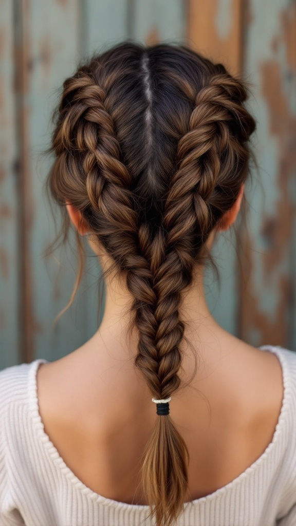 A person with medium-length hair styled in two braids, tied at the bottom, showcasing a double braided updo.