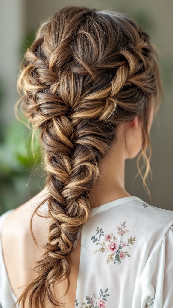 A double braided updo hairstyle for long hair, showcasing intricate braids and soft waves.