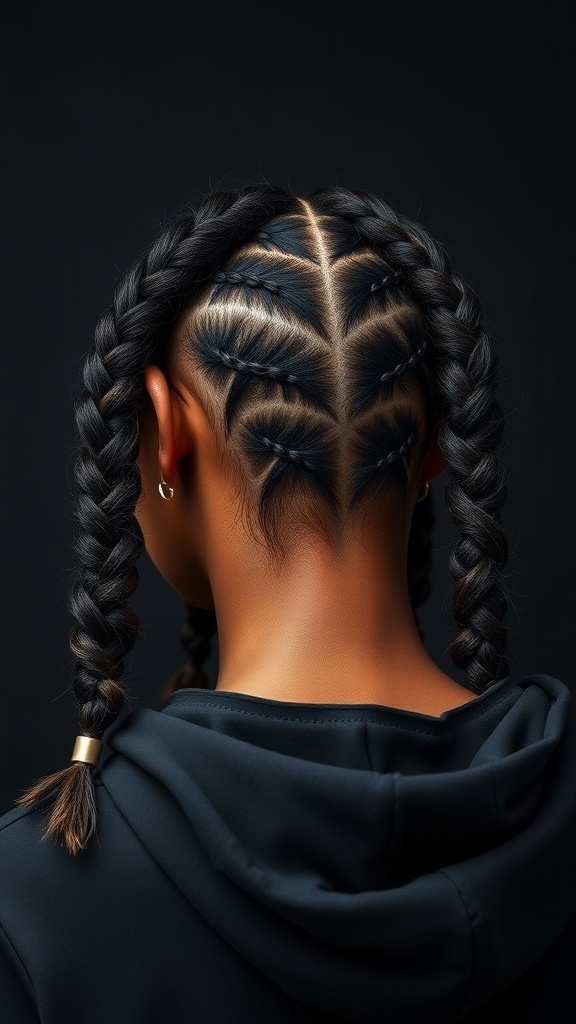 A person with double braids, featuring intricate patterns, wearing a dark hoodie.