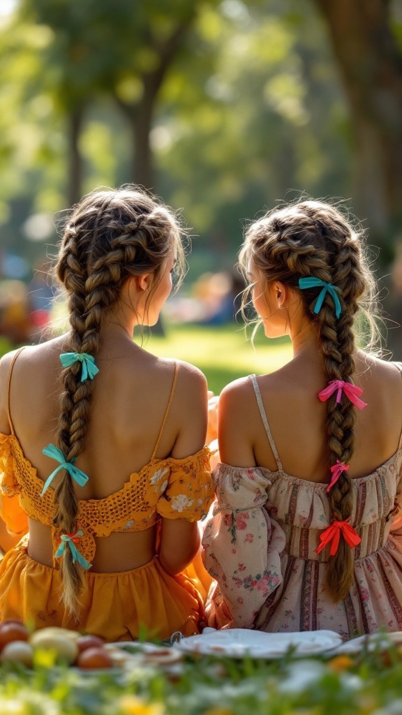 A young girl with double braids and colorful ribbons, smiling at the camera