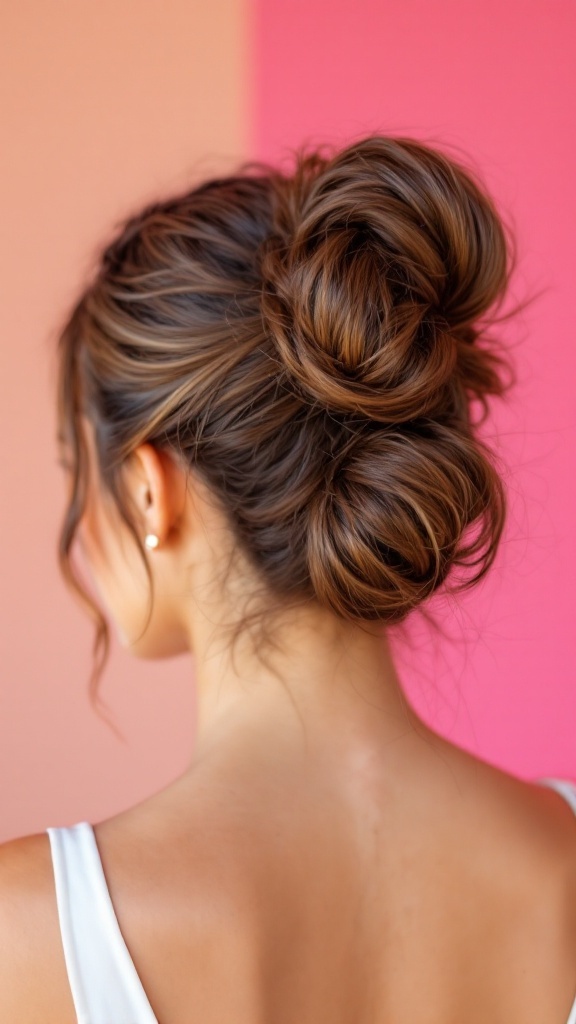 Back view of a woman with a double bun hairstyle, showcasing soft waves and a playful vibe.