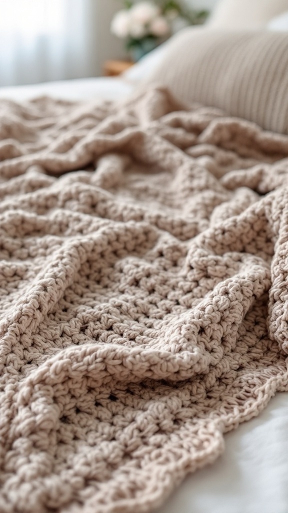 A cozy crochet blanket with a double crochet edge displayed on a bed.