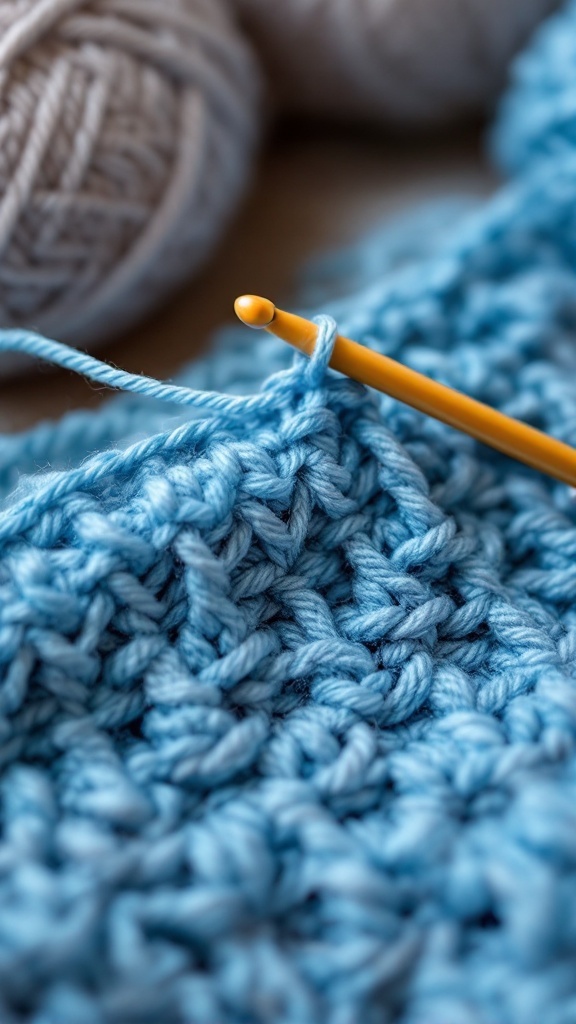 Image of a crochet project in progress using double crochet stitches with a yellow crochet hook and blue yarn.