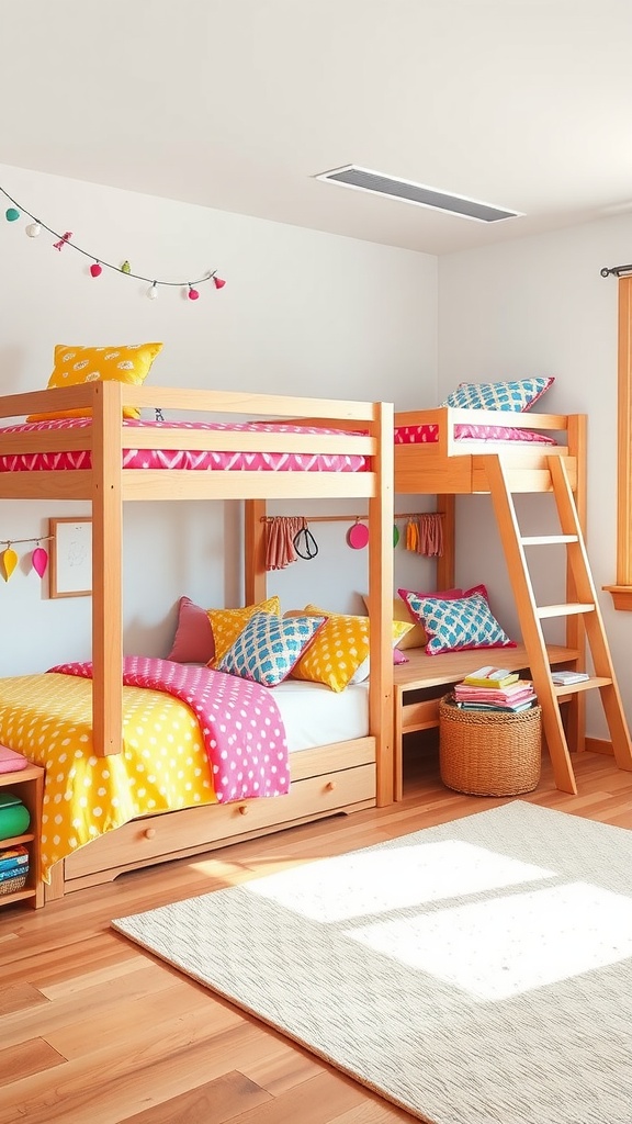 Colorful double decker bunk beds with bright pillows and blankets in a kids' bedroom