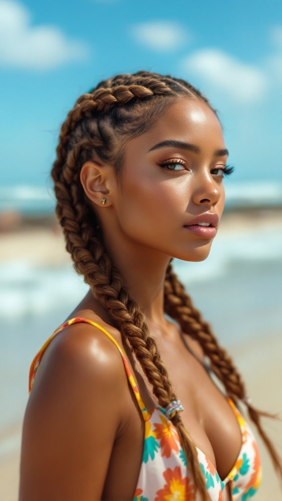 A woman with double Dutch braids wearing a colorful swimsuit at the beach.