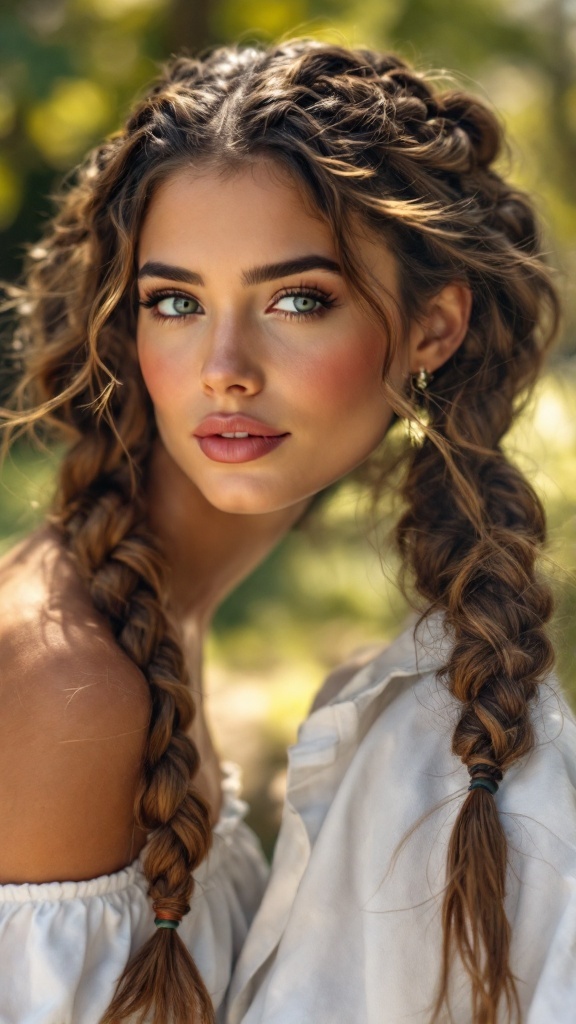 A woman with double Dutch braids, showcasing a boho hairstyle.