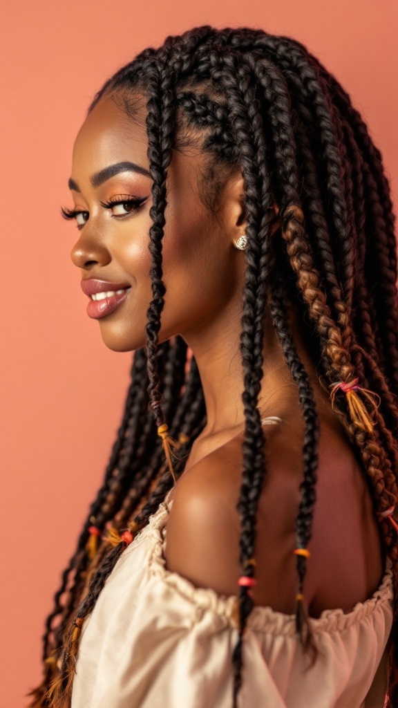 A woman with double Dutch braids, showcasing a stylish hairstyle with colorful beads.
