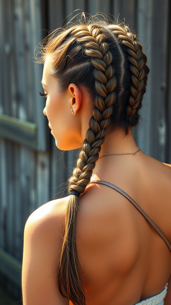 A close-up view of a person with double Dutch braids, showcasing the hairstyle's intricate design.