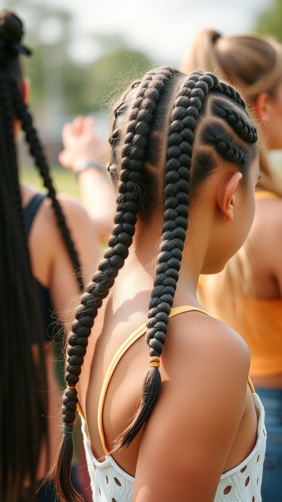 A girl with double Dutch braids, showcasing a stylish hairstyle for long hair.