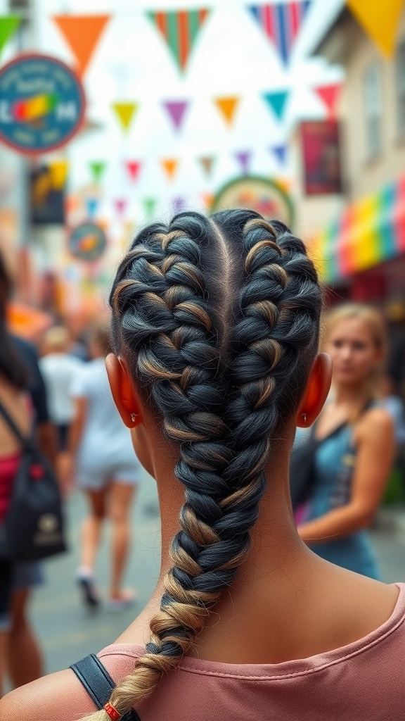 Two Dutch braids on a person in a casual setting with colorful decorations in the background.