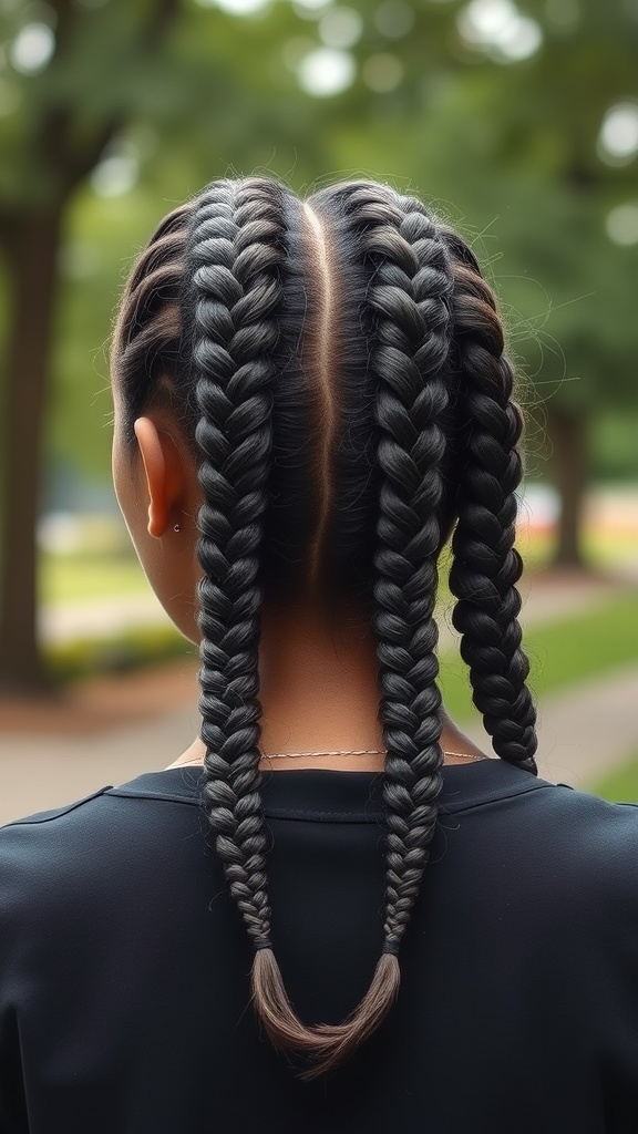 Back view of a person with double Dutch braids, showcasing the intricate hairstyle.