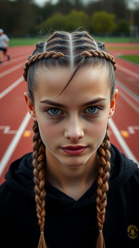 Two individuals with double Dutch braids on a running track