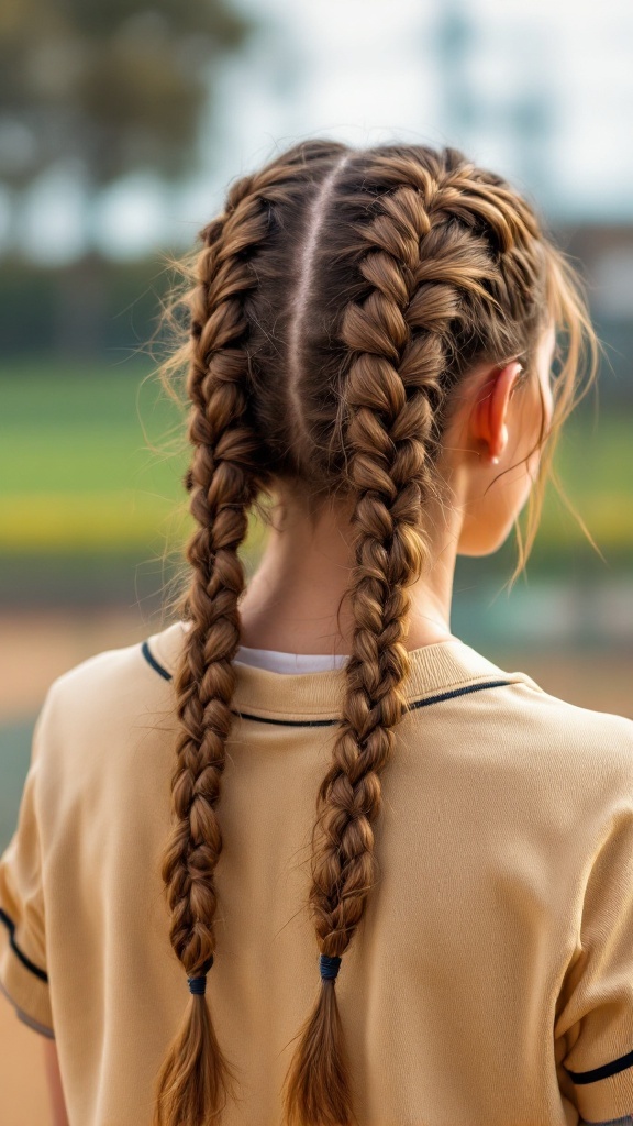 Back view of a girl with double Dutch braids wearing a softball uniform.