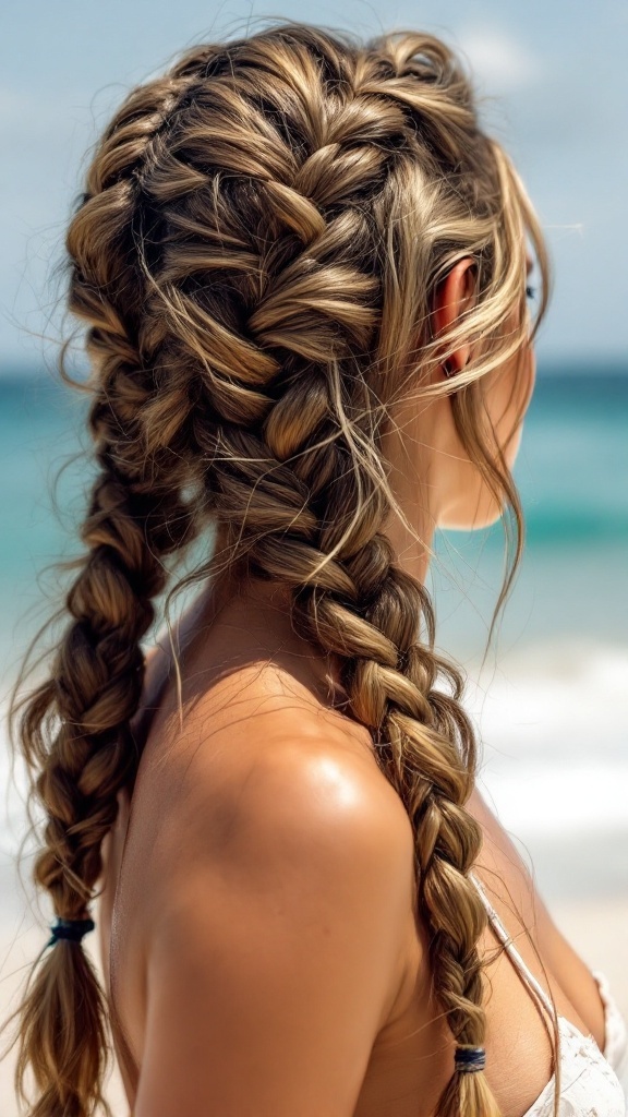 Double Dutch braids on long hair, suitable for a sporty beach look.