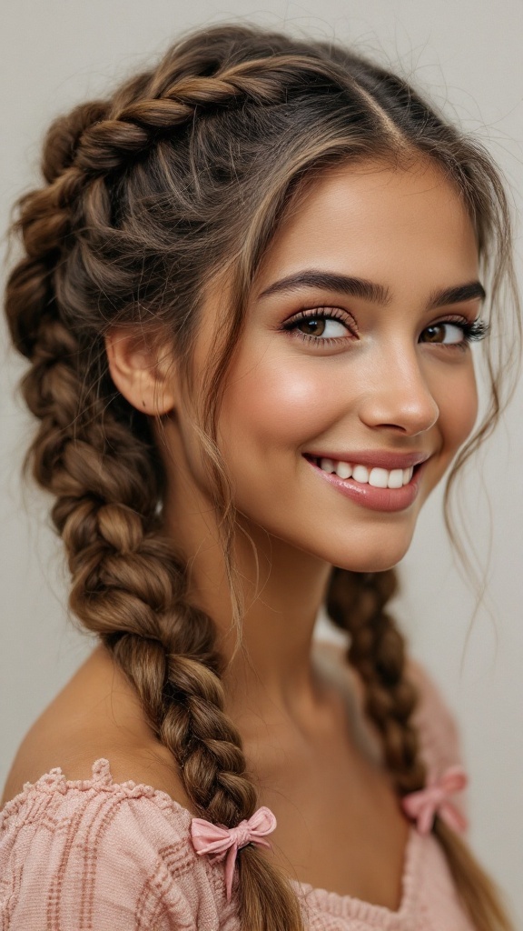 A girl with double Dutch braids styled with bows, smiling.