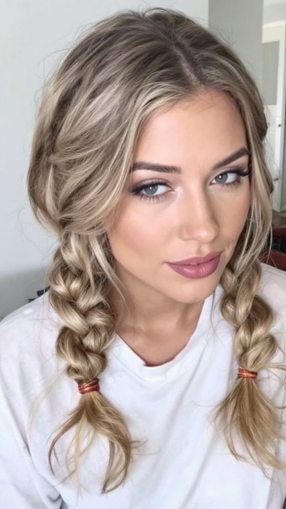A woman with double Dutch braids and highlights, wearing a simple white shirt.